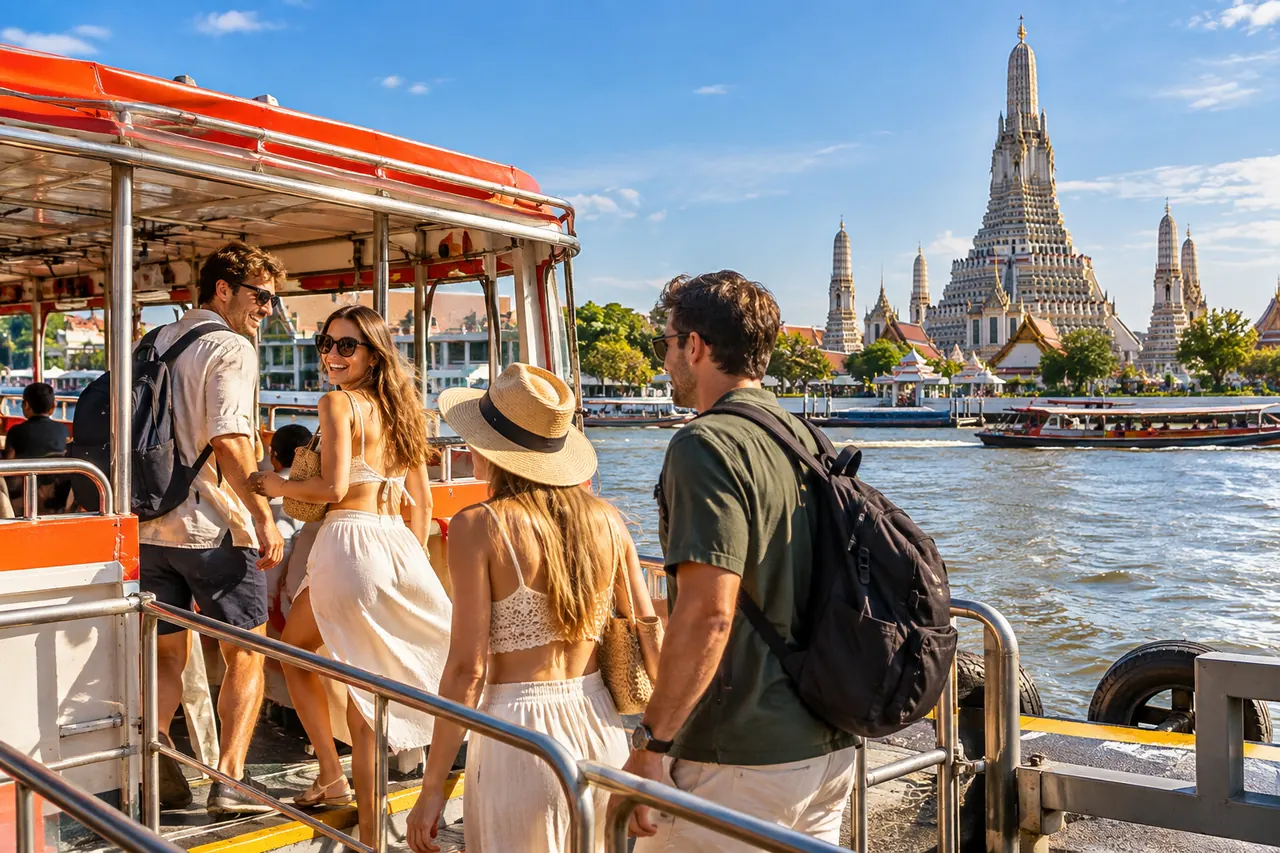 Travelers boarding a Chao Phraya River ferry with Wat Arun across the river