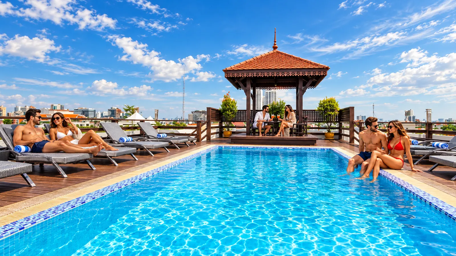 Three couples relaxing around the rooftop swimming pool at Khaosan Palace Hotel in Bangkok Old Town