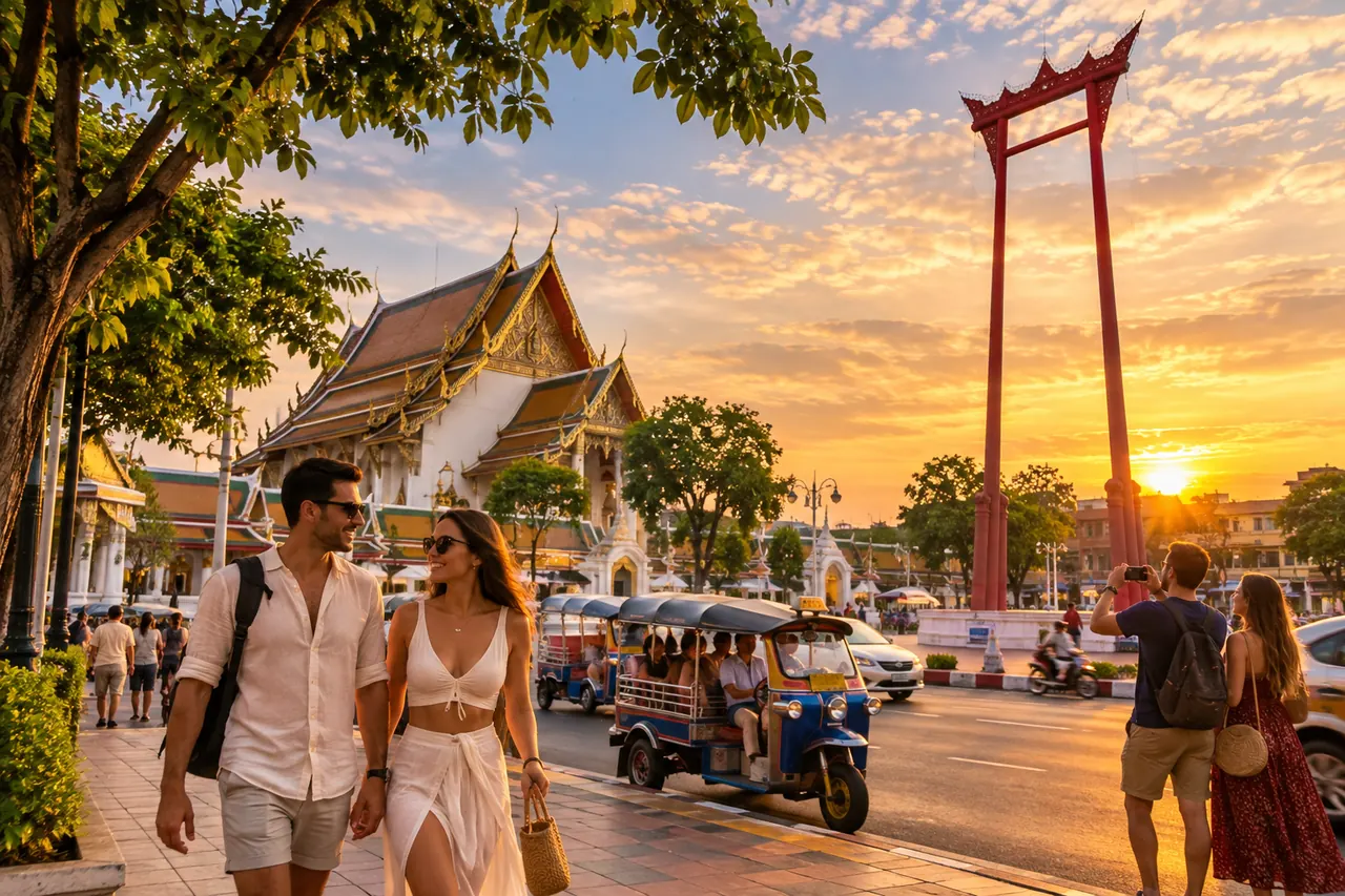 Travelers visiting Wat Suthat and the Giant Swing at sunset