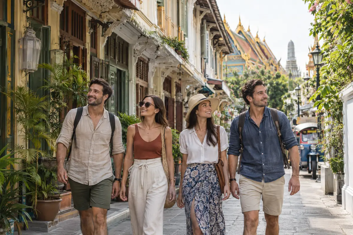 Two adult couples walking through a restored Bangkok Old Town heritage lane