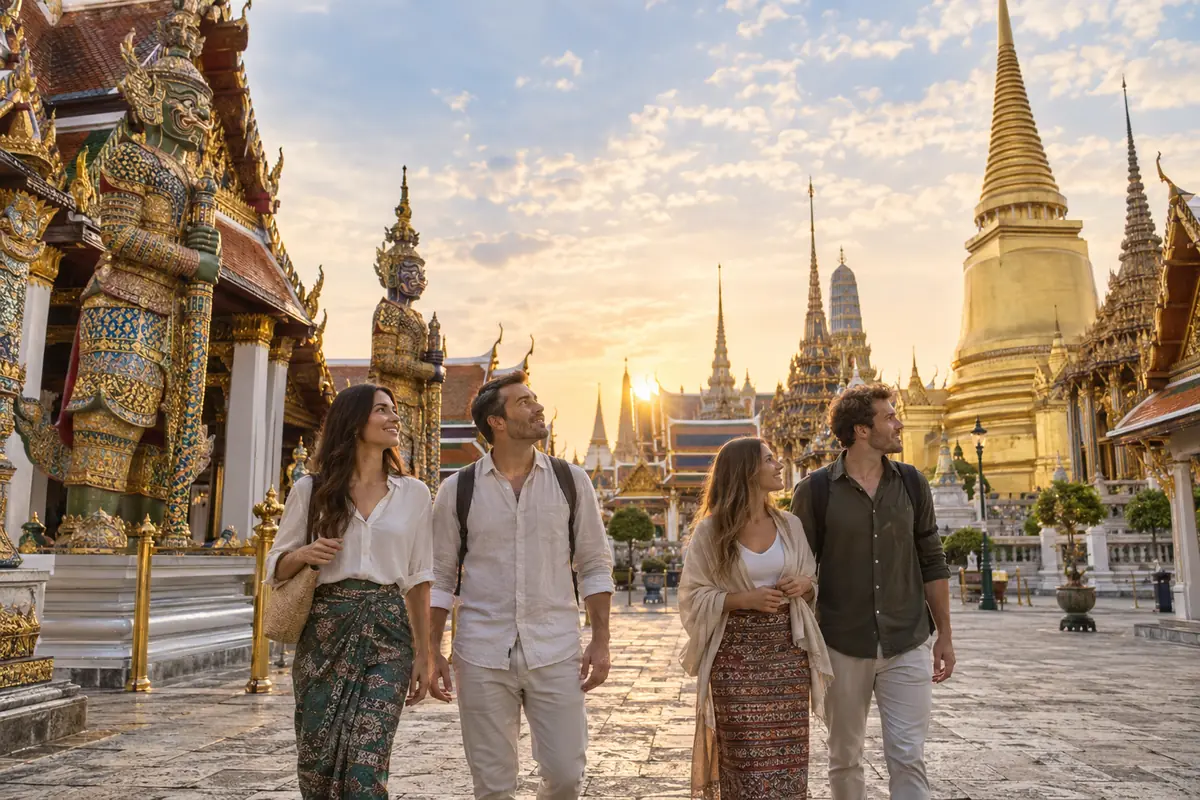 Adult travelers visiting the Grand Palace and Wat Phra Kaew at dawn