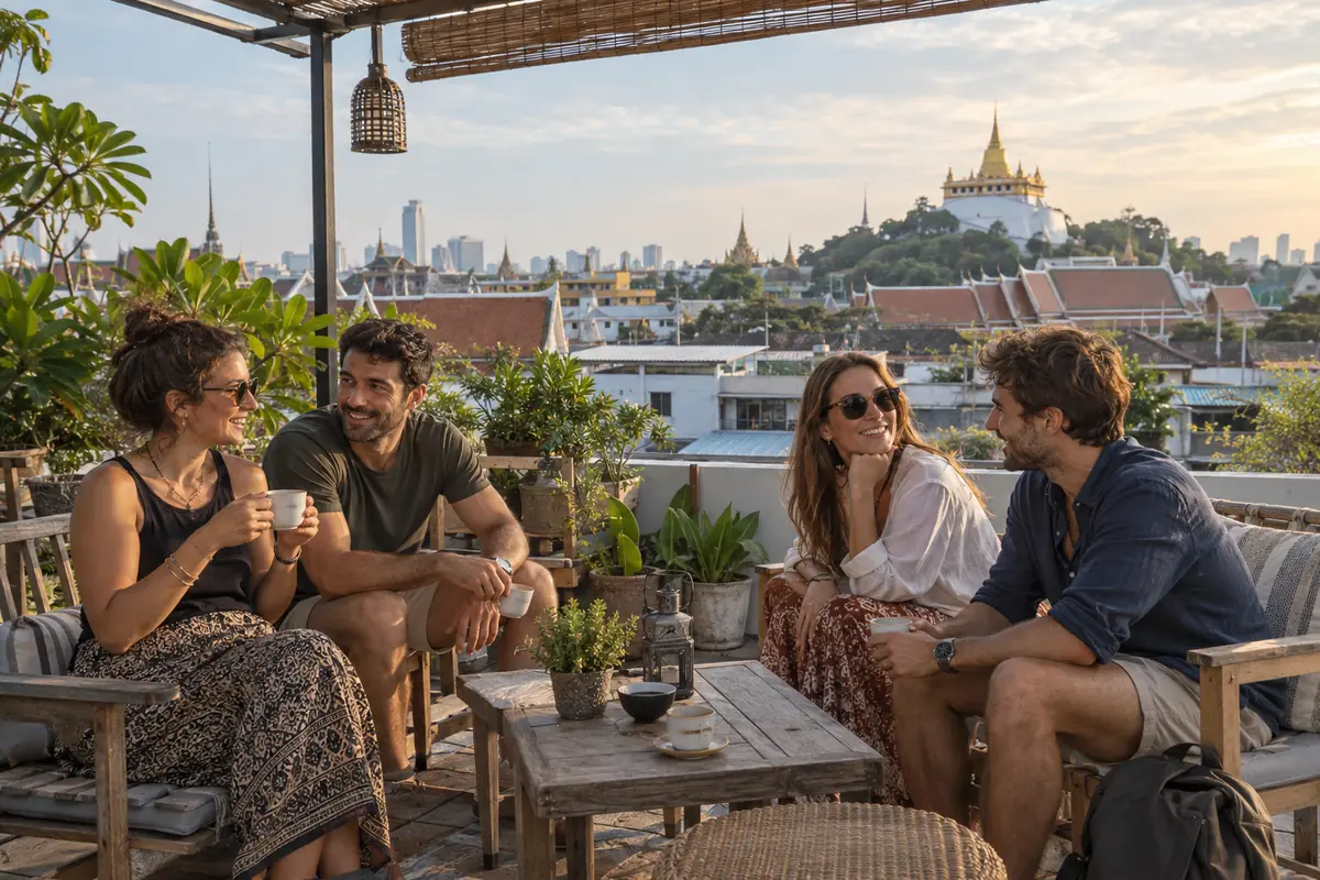 Two adult couples relaxing on a modest Bangkok Old Town rooftop terrace