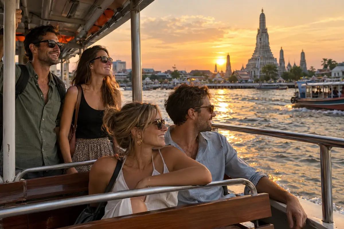 Two adult couples riding a Chao Phraya River ferry at sunset with Wat Arun beyond