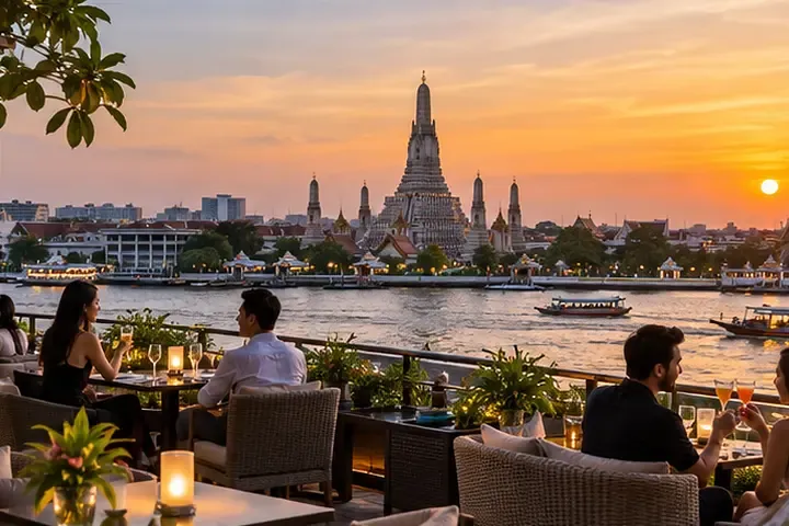 Bangkok riverside rooftop view at sunset