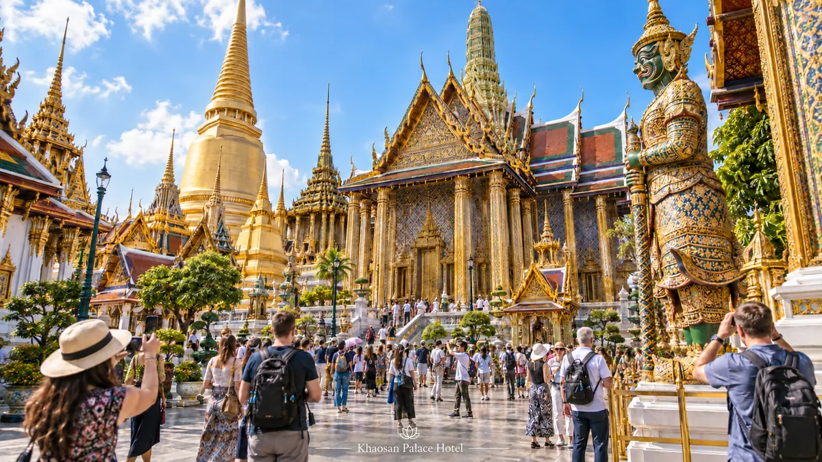 Bangkok temple courtyard with many tourists exploring a grand Thai landmark