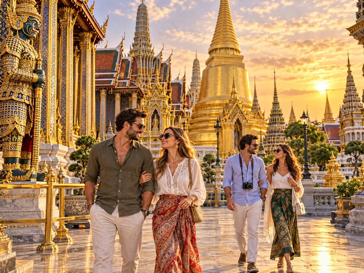 Travelers exploring Bangkok temple architecture in golden light