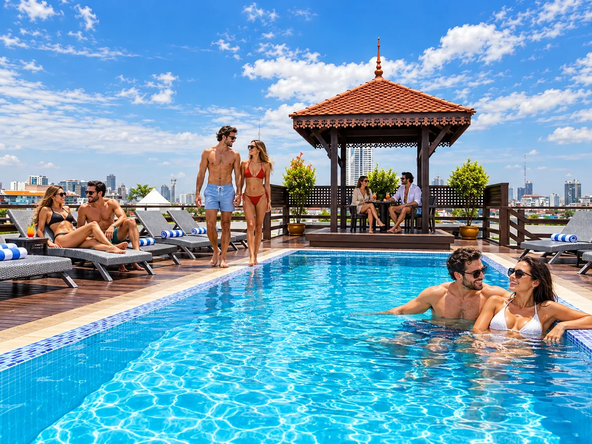 Couples relaxing around the rooftop pool at Khaosan Palace Hotel