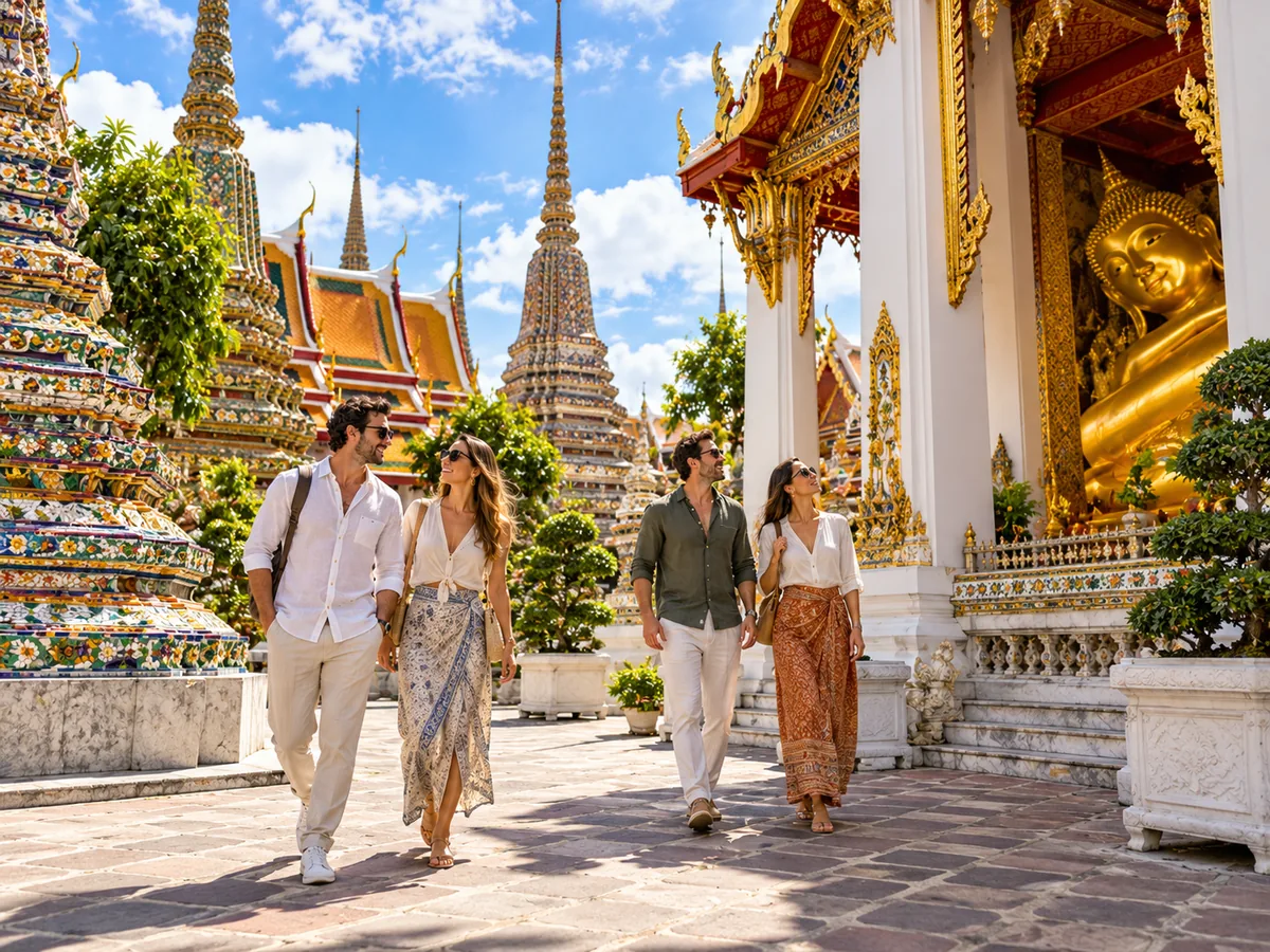 Travelers strolling through a golden Bangkok temple courtyard on a sunny day