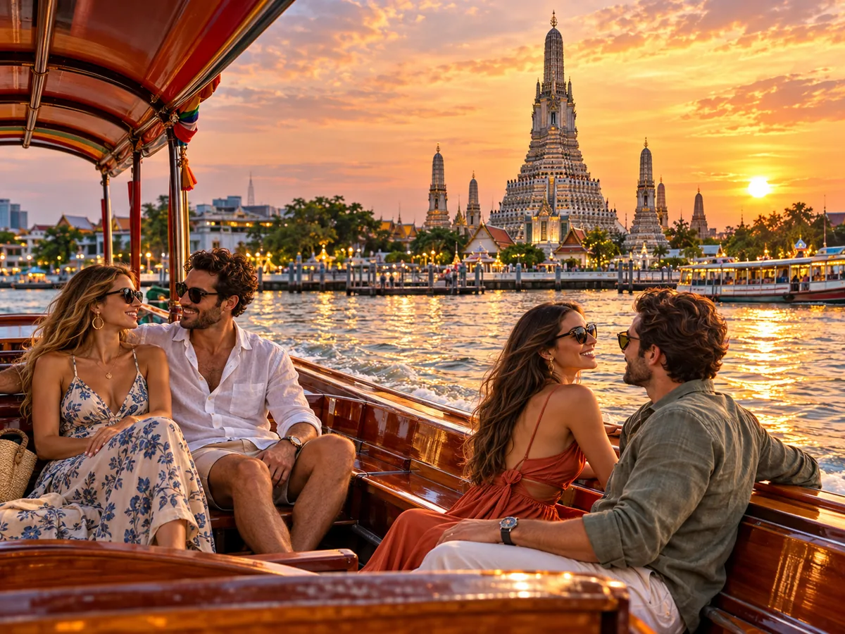 Travelers cruising past Wat Arun on the Chao Phraya River at golden hour