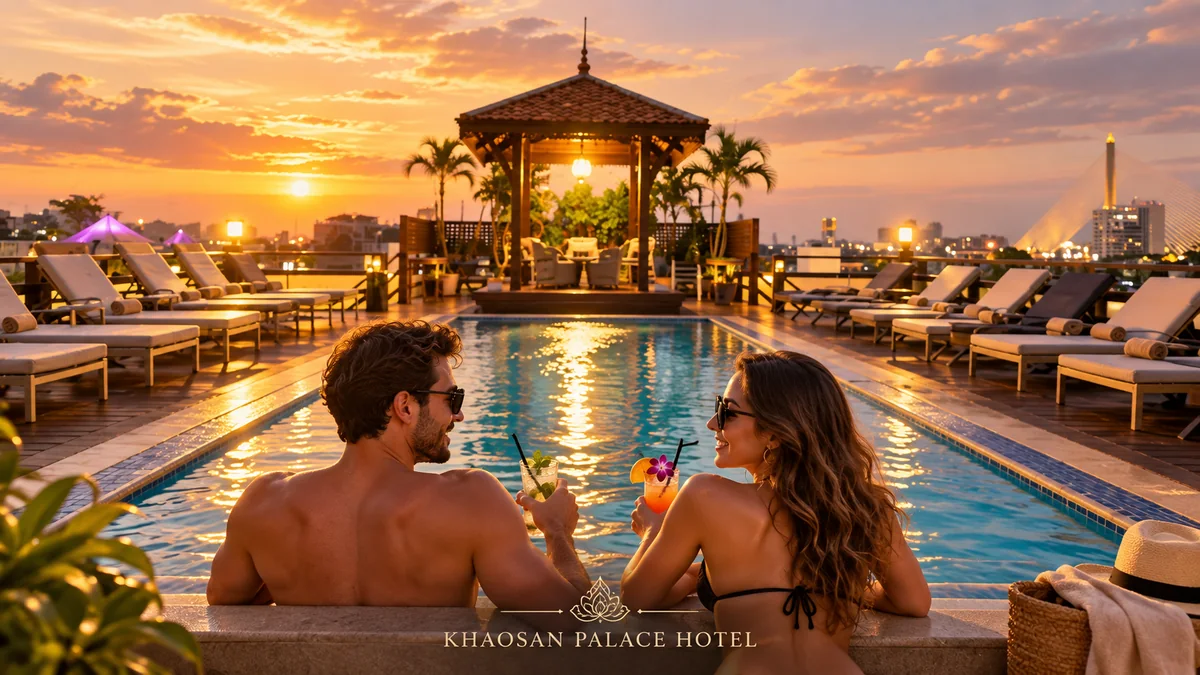 Rooftop swimming pool at Khaosan Palace Hotel in Old Town Bangkok at sunset