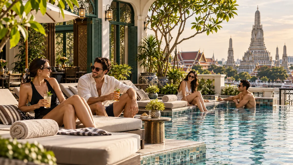 Adult couples relaxing beside an elegant Bangkok rooftop pool with Old Town temple views