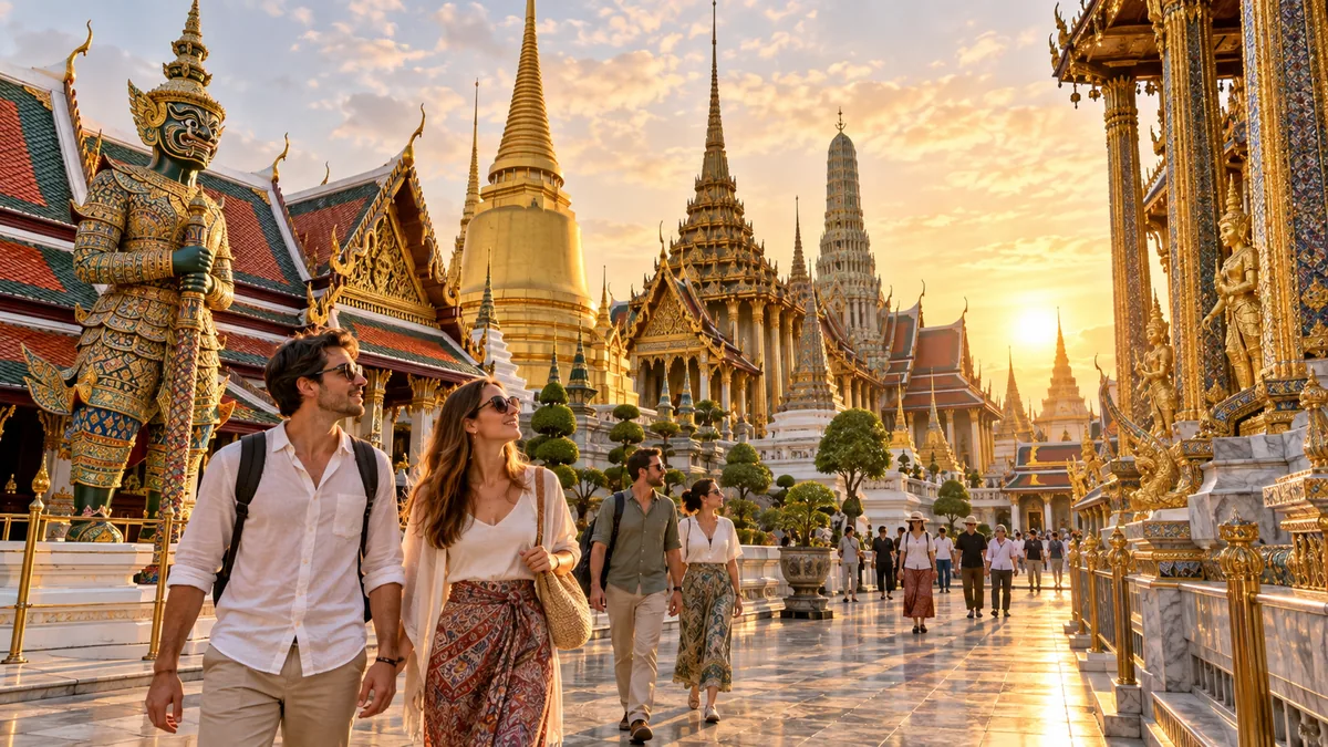 Travelers visiting the Grand Palace and Wat Phra Kaew in golden-hour light