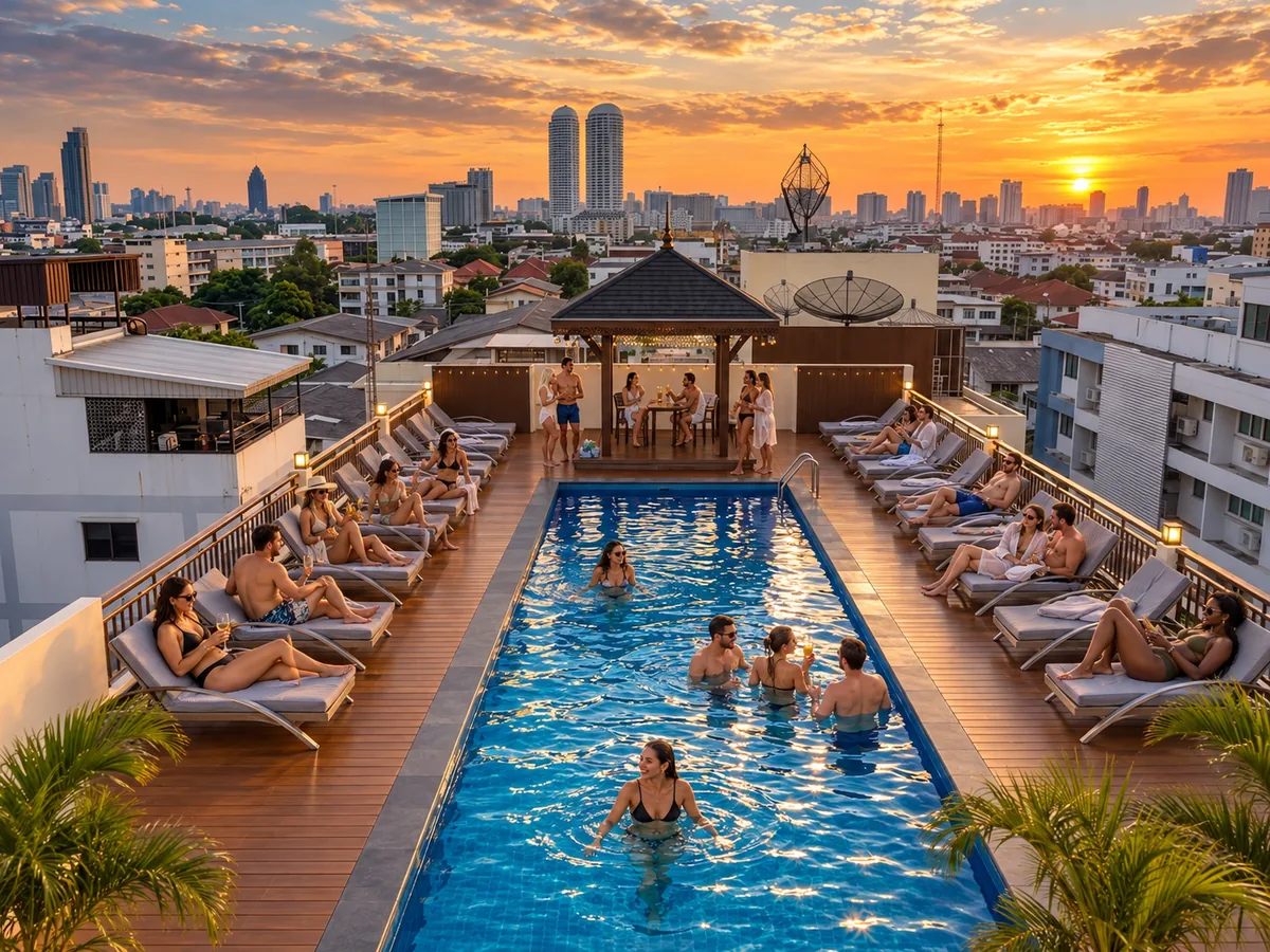 Adults relaxing around the rooftop pool at Khaosan Palace Hotel at sunset