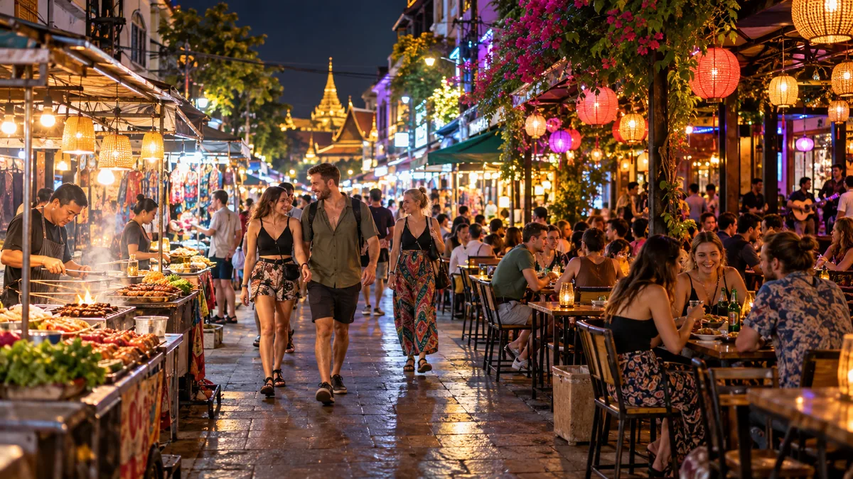 Travelers exploring Bangkok Old Town nightlife and dining near Khaosan Road