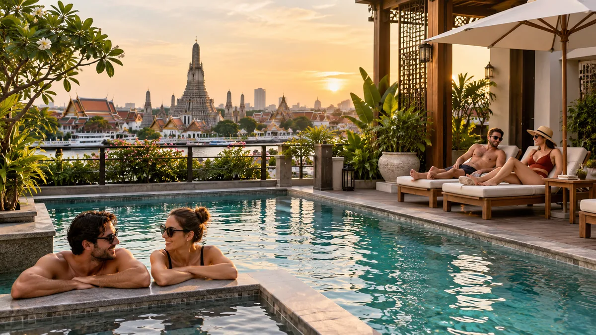 Two couples enjoying a stylish Bangkok Old Town pool stay near the temples