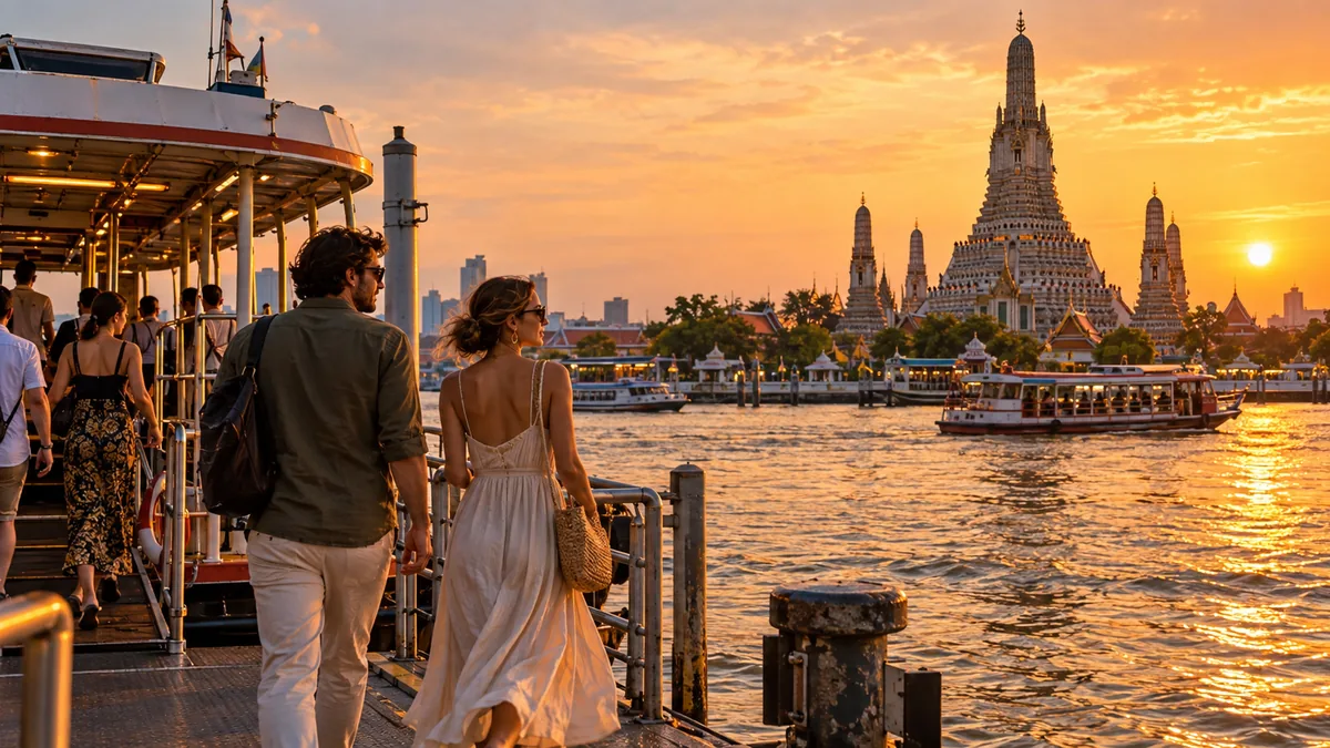 Travelers using the river ferry at sunset with Wat Arun rising across the Chao Phraya