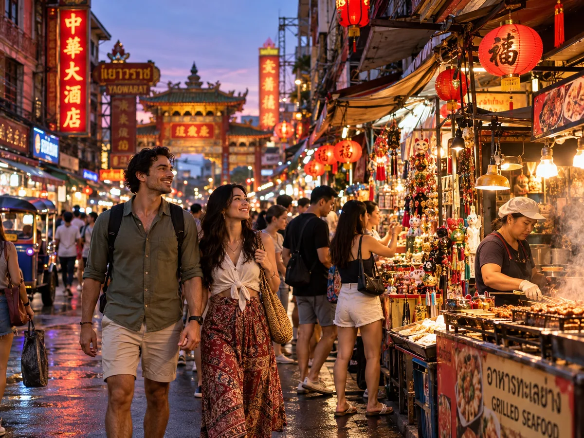 Couple exploring Bangkok Old Town nightlife near Khaosan Road