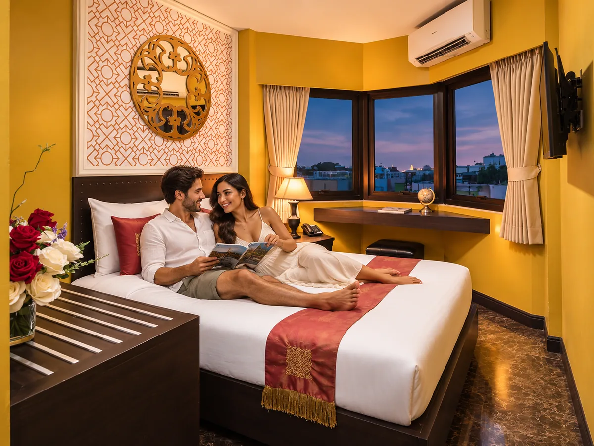 Adult couple relaxing in a retouched Thai-inspired Khaosan Palace Hotel guest room