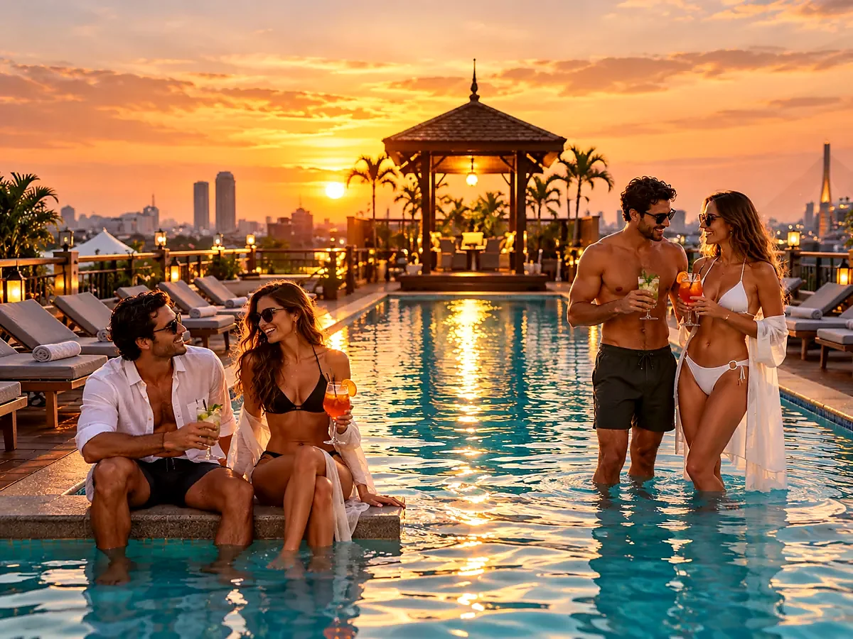 Two couples enjoying the rooftop pool at Khaosan Palace Hotel