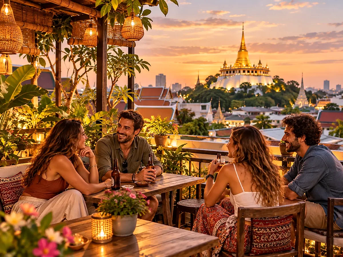 Two couples relaxing together on a Bangkok rooftop terrace at sunset
