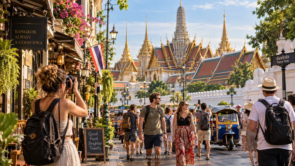 Travelers exploring Old Town Bangkok near the Grand Palace