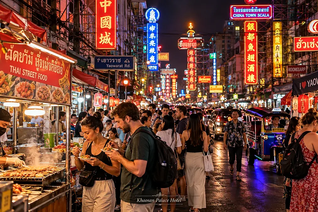 Travelers exploring Yaowarat Chinatown street food at night in Bangkok