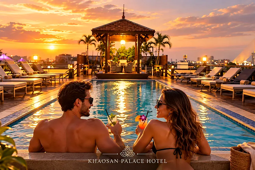 Adult tourist couple relaxing beside the rooftop swimming pool at Khaosan Palace Hotel at sunset