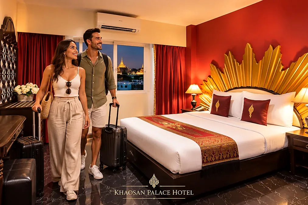 Adult travelers arriving in a Khaosan Palace Hotel private room in Bangkok Old Town