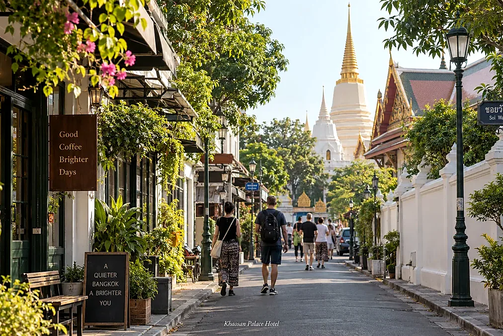Travelers walking along a quiet historic lane near Bangkok Old Town temples