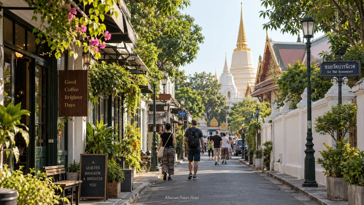 Travelers walking along a quiet soi near Wat Bowonniwet in Bangkok Old Town