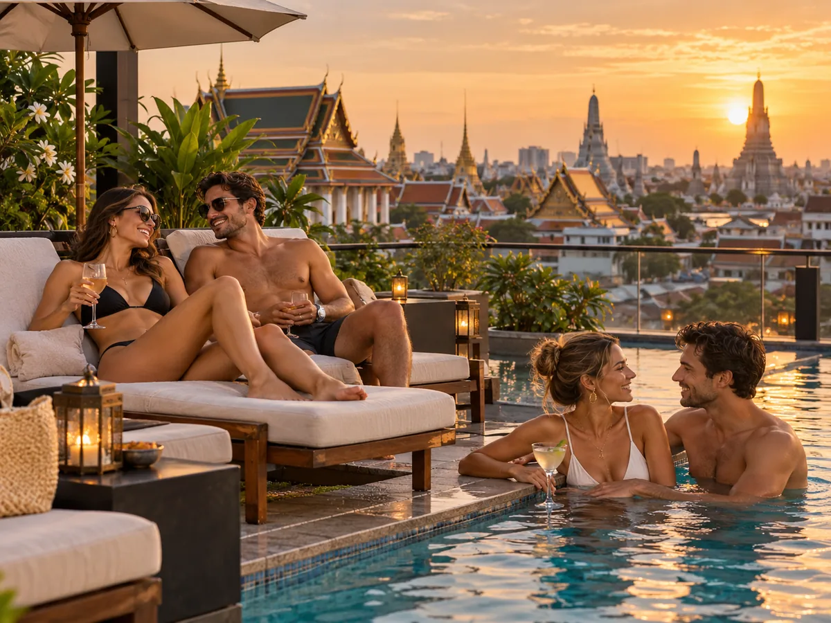 Couples enjoying a Bangkok rooftop pool at golden hour, illustrative travel photography