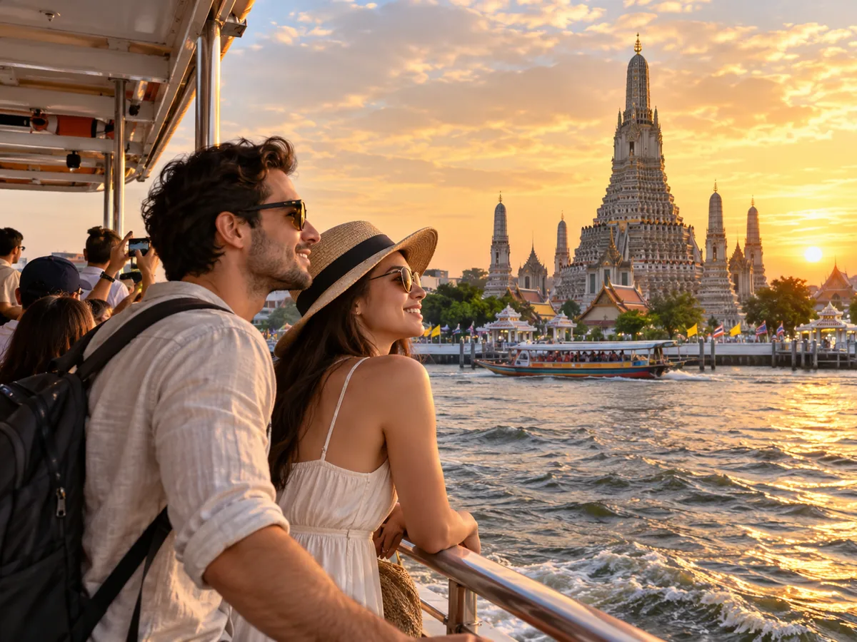 Tourists watching Wat Arun at golden hour from the Chao Phraya River