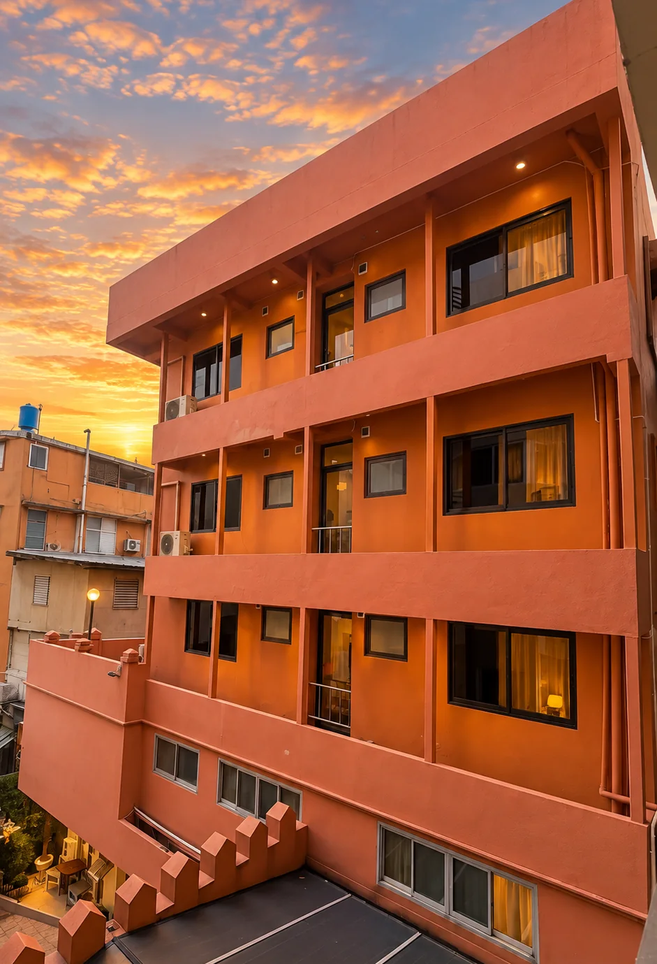 Rest Quarter orange building at Khaosan Palace Hotel